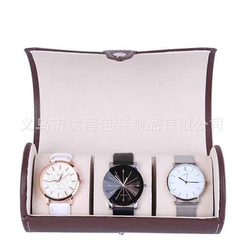 现货批发咖啡色3位圆筒手表收纳手表logo盒盒皮质定做可手表首饰