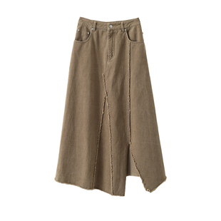 popchrio◆复古不对称设计感做旧拼接毛边牛仔裙高腰a字伞半身裙