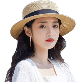 平顶草帽女夏海边遮阳帽子防晒防紫外线2025新款时尚显脸小太阳帽