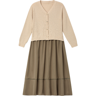 无谓韩式文艺2025秋季新款女装假两件拼接裙子V领气质针织连衣裙