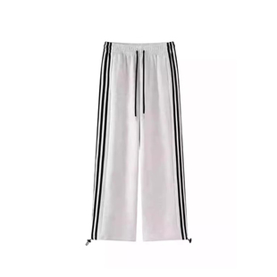 大码白灰色条纹运动裤女款胖mm显瘦卫裤子直筒宽松bf慵懒风阔腿裤