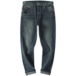 日系港风休闲修身锥形小脚直筒裤子赤耳丹宁九分牛仔裤男冬款