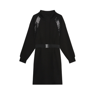 白鹿语 立领半开拉链款连衣裙女 拼接亮片刺绣长袖收腰小黑裙女