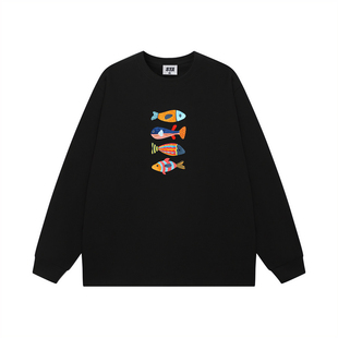 STA旗舰店美式潮牌重磅纯棉圆领长袖男女复古高街黑色卫衣打底衫