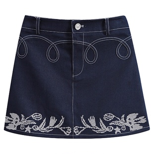 有耳uare原创设计 独家记忆 郁金香刺绣十字绣花盘绳仿牛仔半身裙