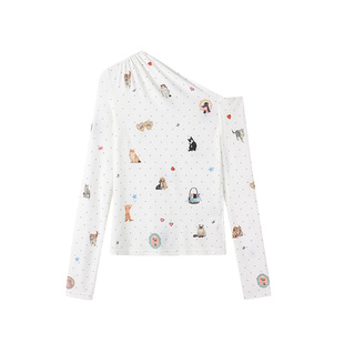 代斯同款Alexia Sandra2025秋季新款修身弹力印花斜肩上衣长袖T恤