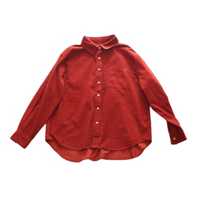 秋冬温暖全棉柔软细条灯芯绒翻领微宽松袋口刺绣单排扣长袖衬衫