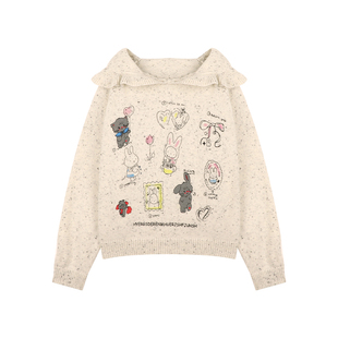 Amybaby女童上衣冬季2025新款童趣卡通兔子绣花荷叶边连帽毛衣