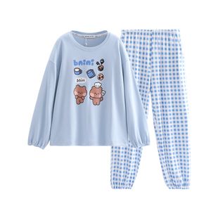 芬腾女士睡衣春秋季纯棉长袖抗静电套装可爱布朗熊女款全棉家居服