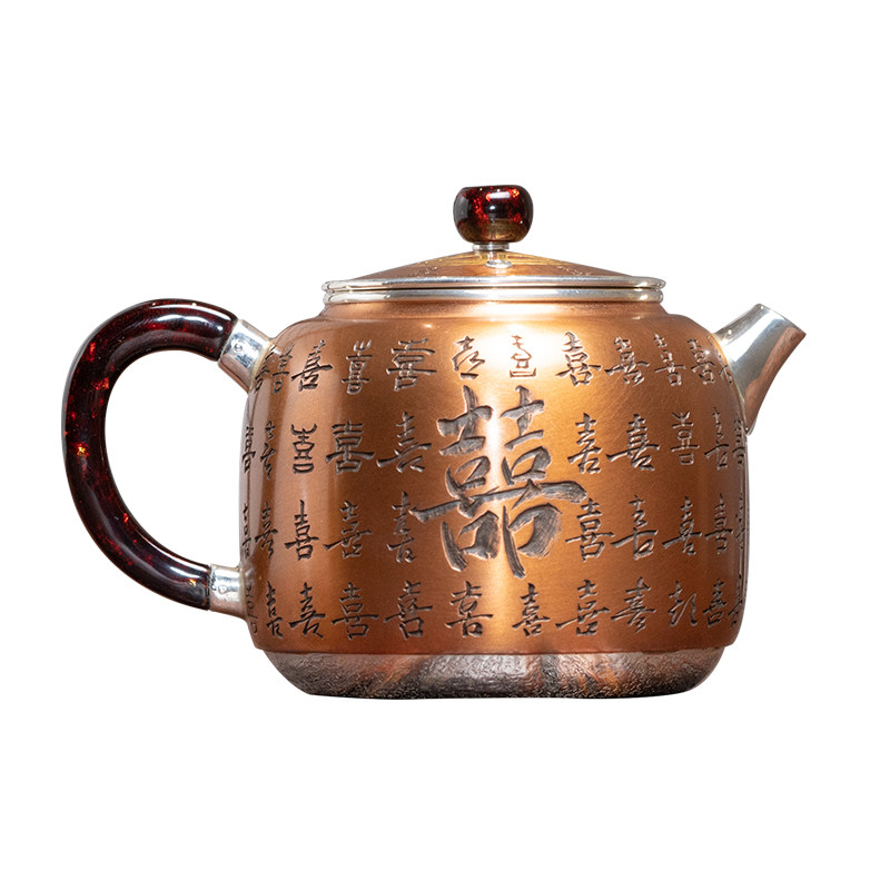 臻宝堂银壶9999纯银泡茶壶铜包银壶纯手工喜字百体德钟小壶银茶具