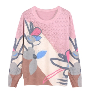 2025新款秋装薄款女针织衫古嘉子圆领长袖上衣印花天丝羊毛衫2868