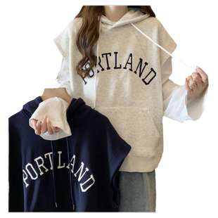 超火cec连帽字母刺绣马甲卫衣女春秋薄款宽松叠穿无袖上衣服潮ins