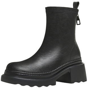 天美意厚底增高切尔西弹力靴女鞋子加绒时装靴皮短靴2025冬季新款