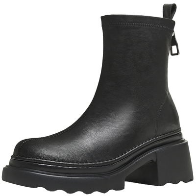 天美意厚底增高切尔西弹力靴女鞋子加绒时装靴皮短靴2025冬季新款