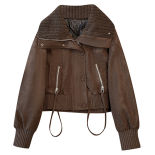 美拉德棕咖色羊羔毛翻领麂皮外套羽绒服内胆女高腰短款2025冬装新