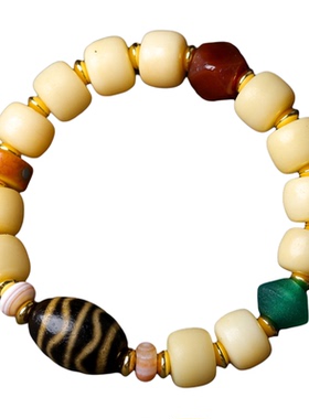 藏式骨头手串老玛瑙双虎牙天珠男