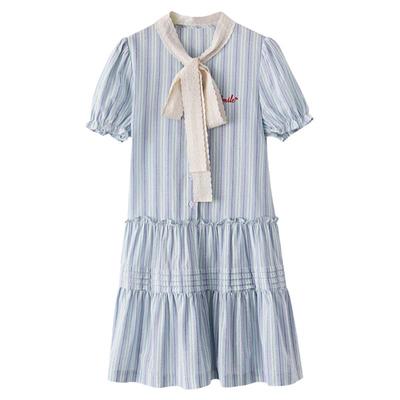9折/夕蒙2025夏法式气质蓝色条纹泡泡袖设计感小众蝴蝶结连衣裙女