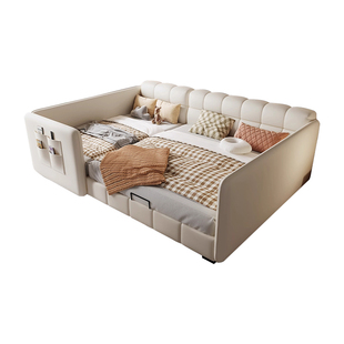 亲子床二胎家庭一家三四口超大床3米子母拼接床奶油风泡芙真皮床