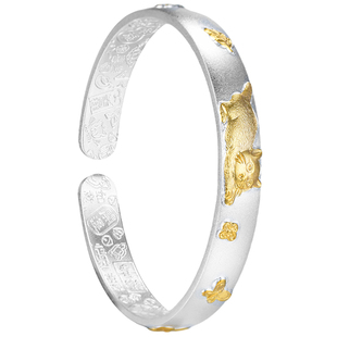 吴越老银铺萌趣猫咪纯银手镯复古风开口可调节女款精致银饰手镯