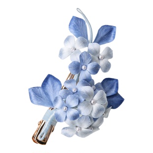 繁花入梦丨纯手工非遗绒花发夹蓝色绣球边夹新中式古风发饰礼物