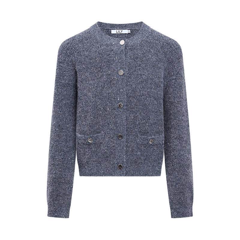 LILY2025冬新款含羊毛法式小香风亮片圆领套头针织开衫外套短款女