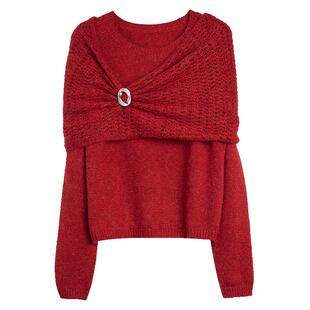 【织就心愿】ELLE绵羊毛新年披肩毛衣女2026春新款镂空慵懒针织衫