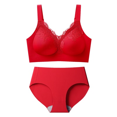 大胸显小红色内衣内裤套装女本命年马年文胸无痕大码胖mm结婚新娘