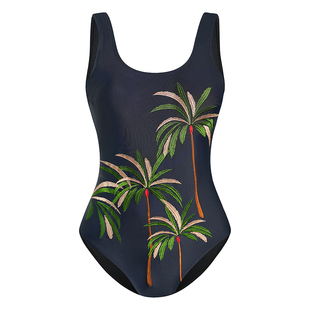 KISSINGGOURAMI黑色椰树可爱泳衣连体泳衣女性感显瘦露背泳衣
