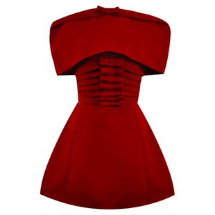 越南设计师重工抹胸蝴蝶结小礼服女红色结婚敬酒服修身斗篷连衣裙