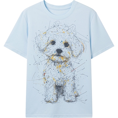 KBNE淡蓝色短袖T恤线条小狗2026夏季新款雅纱棉显瘦设计感上衣女