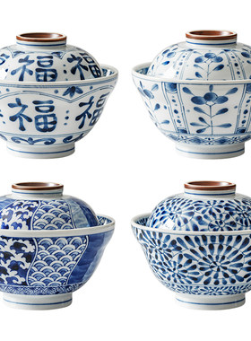 蓝凛堂青花陶瓷饭碗带盖蒸菜碗