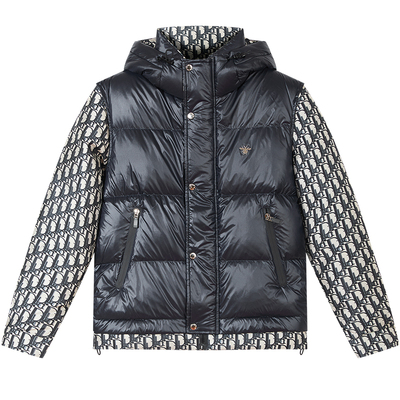 BM欧洲站男士羽绒服2025新款潮牌老花拼接假两件连帽冬季保暖外套