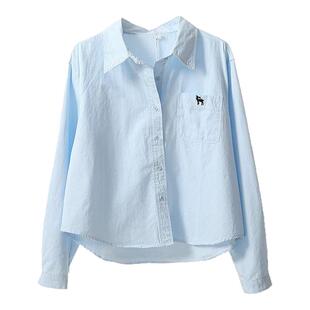 浅蓝色刺绣口长袖衬衫女春季新款慵懒宽松百搭显瘦显白小个子上衣
