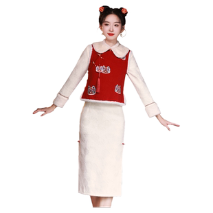 红色新年旗袍2025新中式拜年服女装大人过年战袍国风唐装马甲套装