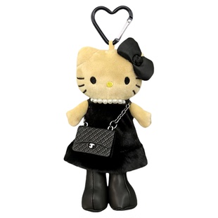 新款日本正版helloKitty名媛风黑皮长腿挎包毛绒公仔玩偶包包挂件