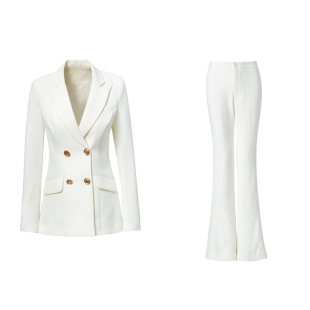 白色西装女双排扣修身高端英伦风微喇叭两件套主持人礼服西服套装