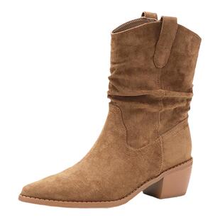 COMELY康莉2025冬季复古西部牛仔靴粗跟骑士靴堆堆靴子KYQ48855