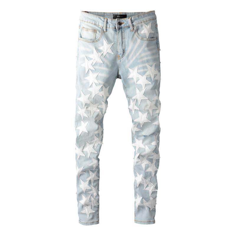 AMR JEANS 美式高街潮牌浅色水洗刀割破洞星星拼皮贴布修身牛仔裤