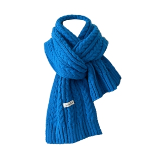蓝色高级感毛线大麻花围巾2025新款女冬季针织百搭韩系学生围脖男
