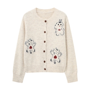 Basic House/百家好秋冬卡通刺绣毛衣女圆领单排扣宽松可爱外套