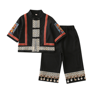 儿童少数民族风短袖三月三男壮族苗族表演服女童裙装节日服装