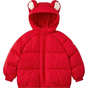 英氏超韧绒儿童羽绒服新年红色三防女童男童宝宝冬季外套短款秋冬
