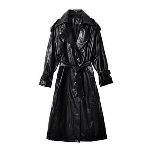 Cjxnh皮衣风衣长款外套女皮U高级感大牌黑色大衣气质显瘦百搭包邮