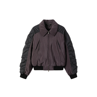 芸蚁〔寒战〕弯刀袖弧形抽褶刀割暗褶飞行员Bomber改良紫绗棉棉服