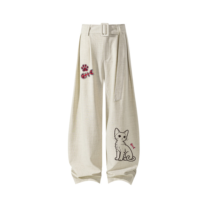 查尔斯桃心卡通猫咪印花休闲裤男女潮牌宽松直筒百搭弯刀阔腿长裤
