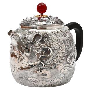 纯银999银壶泡茶壶纯手工一张打非遗老师张家松中式錾刻壶 龙腾