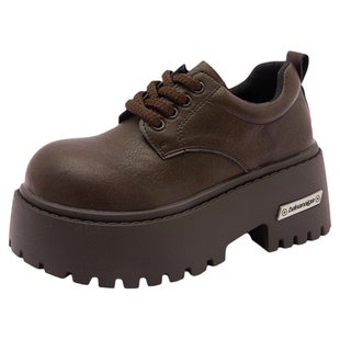 真皮厚底增高乐福鞋女2026春季新款棕色系带小皮鞋网红jk制服单鞋