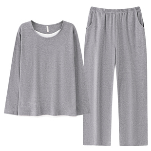 芬腾可安睡衣女款冬季纯棉布料100全棉女士长袖浅灰家居服春秋天