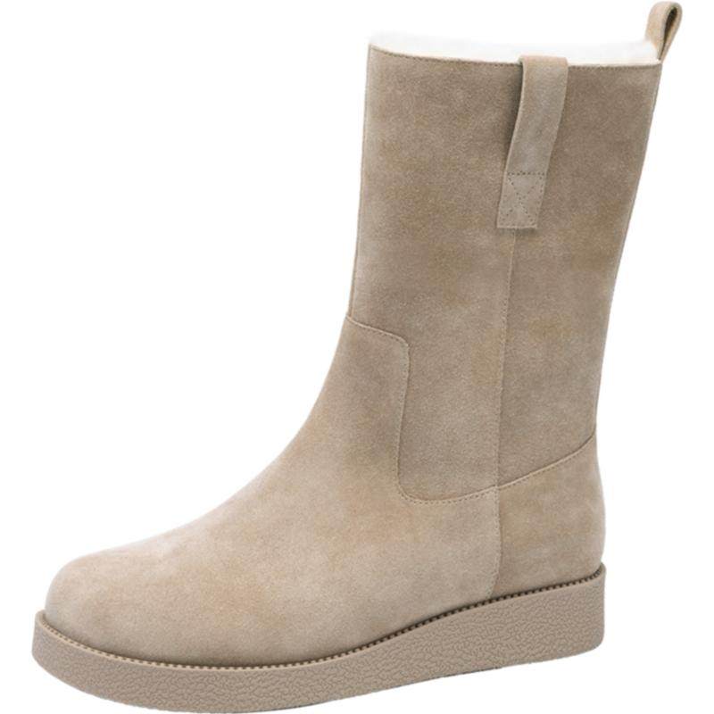 沙驰女鞋厚底加绒保暖雪地靴2025冬季新款时尚百搭中筒靴毛毛靴子