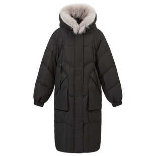 热风女装24冬新款女士羽绒服毛领连帽长款羽绒服黑色中长款